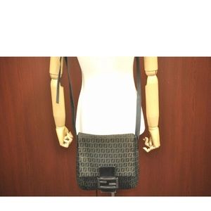 Auth FENDI Zucchino Mamma Baguette Shoulder Cross Bag Canvas Leather Black